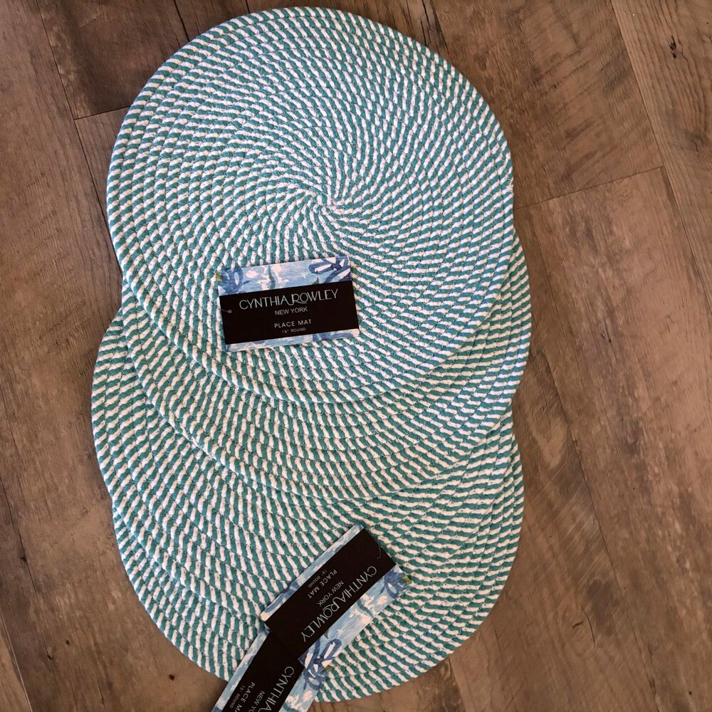 Cynthia Rowley Set of 4 Round Placemats 15" Aqua White Woven Coastal NWT